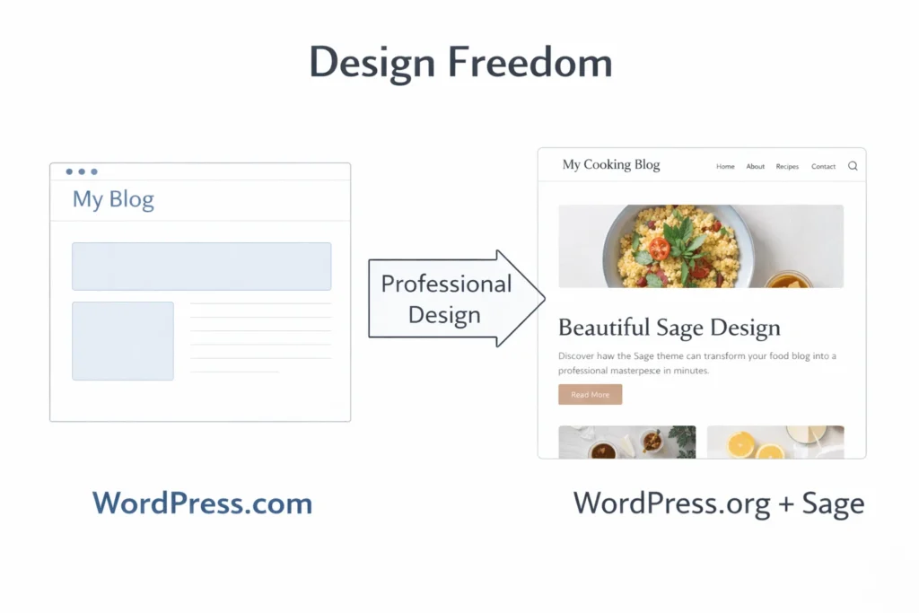 WordPress.org vs WordPress.com design freedom comparison 2026 for food bloggers