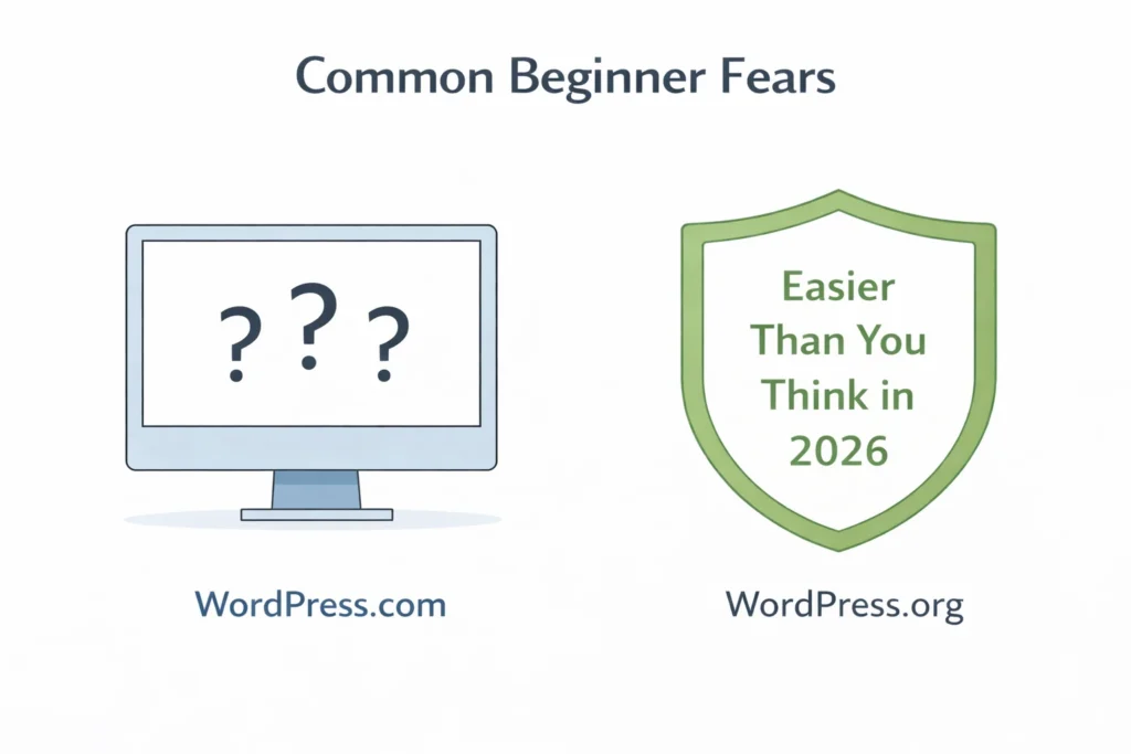 Common beginner fears about WordPress.org vs WordPress.com 2026 explained