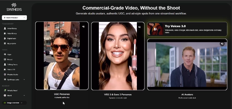 CastAI Review — Dashboard Overview showing UGC Personas, VEO3 Personas and AI Avatars