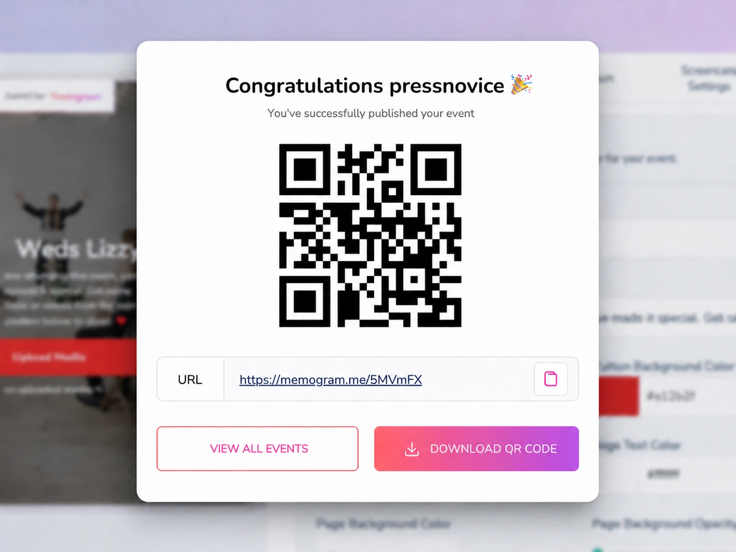 Memogram QR code generated instantly after event page setup — no app download required for guests
