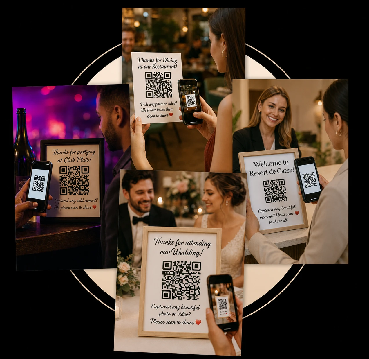 Memogram QR codes displayed at restaurant, wedding venue, nightclub and resort — customers scan to upload photos and videos instantly