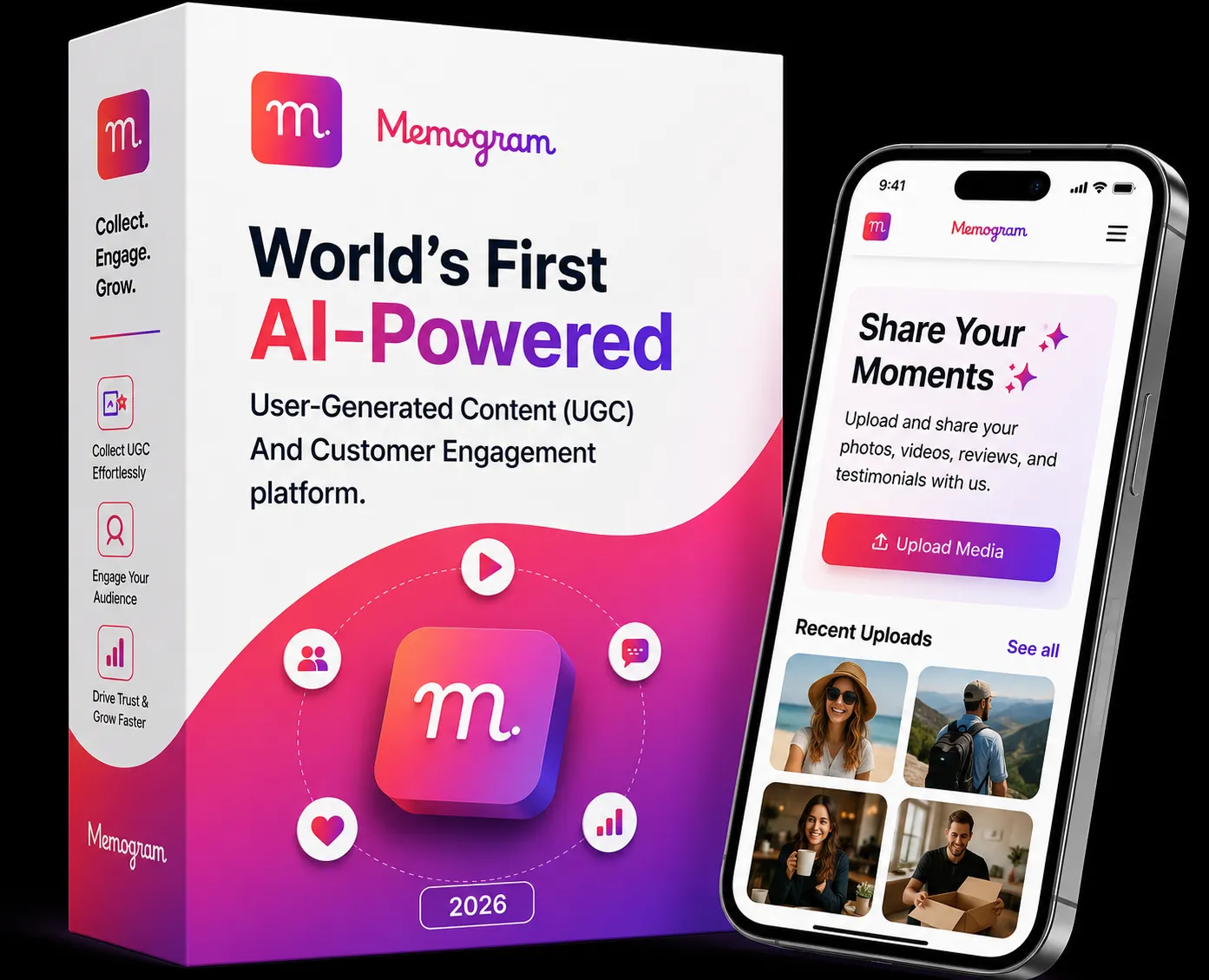 Memogram UGC platform — Collect, Engage, Grow — product box and mobile app showing guest photo and video uploads