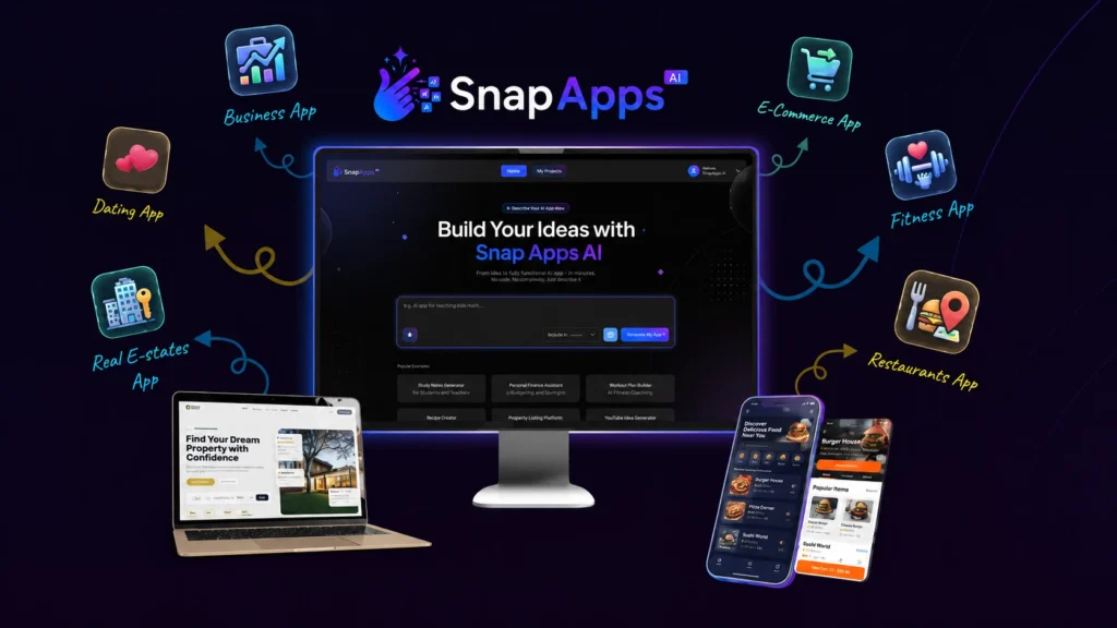 Snap Apps AI dashboard showing the app builder interface with generated mobile and web apps